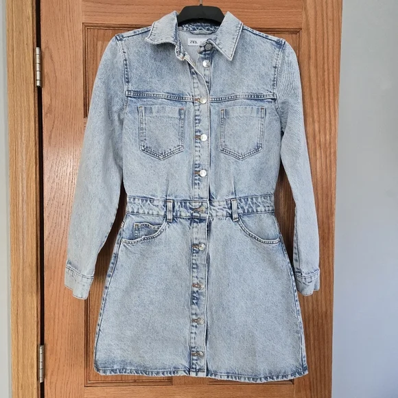 Zara Light Blue Denim Button Dawn Mini Dress Size SMALL - Picture 2 of 13